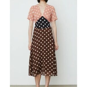 Lisa Says Gah Amelia Polka Dot Colorblock Midi Dress Pink Brown Black Sheer S